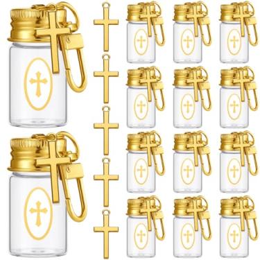 Imagem de Landical Conjunto de 30 chaveiros de água benta com garrafa de água benta de vidro de 7 ml, frasco crucifixo e adesivo, recipiente pequeno para presente de primeira comunhão cristã católica, presente
