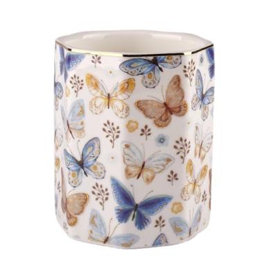 Imagem de HOMSUN Porta-canetas, porta-pincéis de maquiagem de cerâmica, dourado, estampa floral, borboleta, copo para meninas, crianças, mulheres, durável, organizador de mesa, presente para escritório, sala de