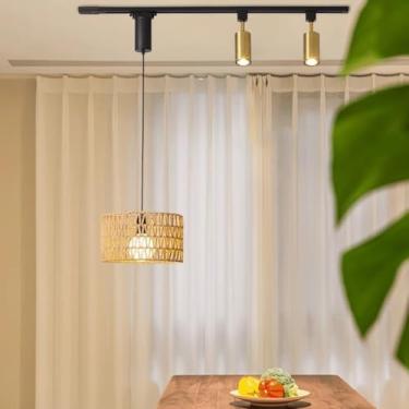 Imagem de Luminária pendente de vime com trilho de alimentação, GU10*2 LED, estilo boho vintage, para teto, com foco ajustável, abajur de vime, soquete E27, estilo rústico, ideal para cozinha, sala de