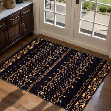 Imagem de SERISSA Tapetes de 5 x 7 cm para entrada, lavável, antiderrapante, preto e dourado, tapete geométrico boêmio para entrada interna, tapete de entrada interna, tapete de porta para banheiro, cozinha
