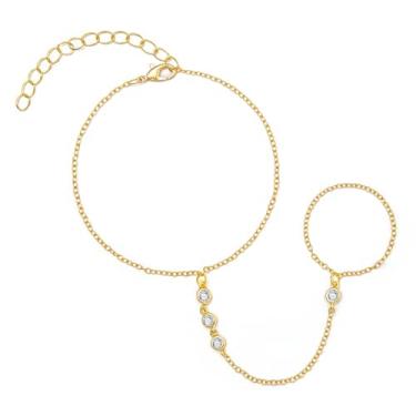 Imagem de Pulseira de corrente de mão banhada a ouro 14K com anel, delicada pulseira de dedo de zircão cúbico, joia corporal de punho ajustável presentes para mulheres, One Size, Zircônia cúbica