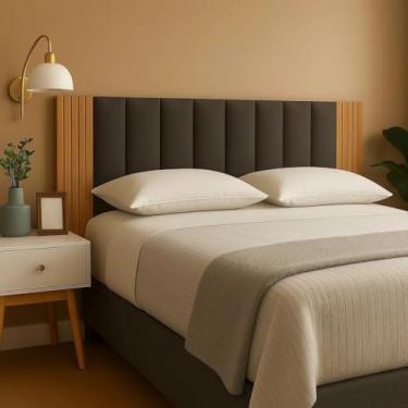 Imagem de Kit Cabeceira Cama Box Casal Estofada Com Ripado Mdf Freijó (Chumbo/Freijó, King)