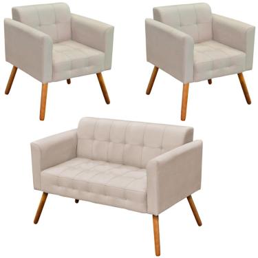 Imagem de Conjunto 2 Poltronas e 1 Namoradeira Pés Palito Karen Suede Bege - Gran Belo
