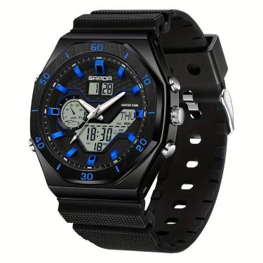Imagem de Relógio Esportivo Masculino Analógico Com Dupla Exibição Multifuncional Impermeavel Preto Azul