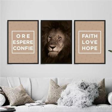 Imagem de Kit 3 Quadros Leão Ore Espere Confie 33X24Cm Com Vidro Preta - Quadros