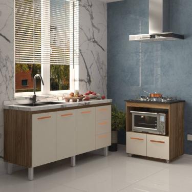 Imagem de Balcão Cozinha Armário Gabinete de Pia 160 cm Estela e Balcão para Fogão Cooktop 5 Bocas Evelyn Savana Off White