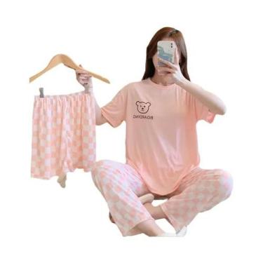 Imagem de Conjunto De Pijamas Femininos De Verão Em Três Peças, Camiseta De Mang