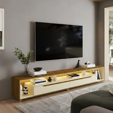 Imagem de Rack para Tv até 70 Polegadas com Led e Rodízios 220cm Loop Olivar Móveis Cedro Freijó /Off White / Bege