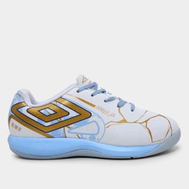 Imagem de Chuteira Infantil Futsal Umbro Pro 5 Kintsugi Unissex, Branco, Azul cl