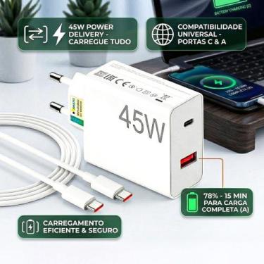 Imagem de Carregador de Celular Turbo 45W PD USB com Cabo Type-C 1M LEHMOX - LE-