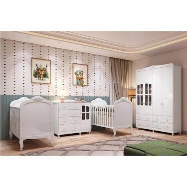 Imagem de Quarto de Bebê Gêmeos 2 Berços Guarda-Roupa e Cômoda Janelada 100% MDF