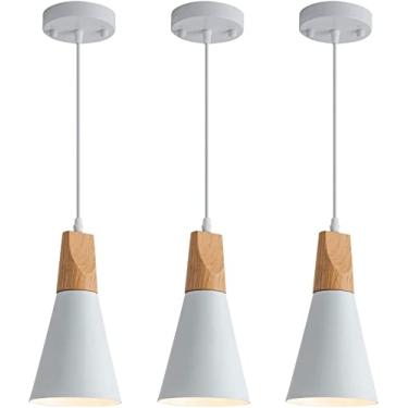 Imagem de Home-Neat Luminária Pendente Moderna, Pacote com 3 Luminária de Pingente de Madeira E27 Ø14CM para Cozinha, Sala de jantar, sala de estar (Branco)