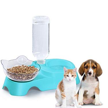 Imagem de Tigelas duplas para gatos da Milifun – Conjunto de tigelas de água e comida para animais de estimação, conjunto de tigelas de água e comida com inclinação de 15° com garrafa de água automática para gatos de cães pequenos ou médios (azul)
