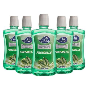 Imagem de Kit 5 Antisséptico Bucal Hi Clean Freegells Menta com Flúor 500ml