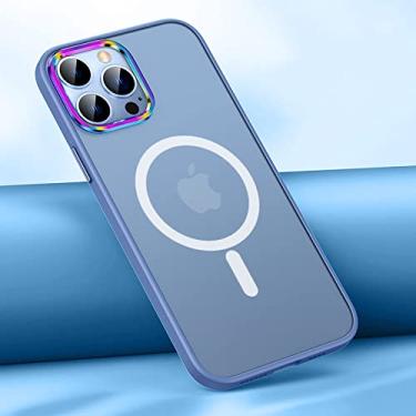 Imagem de Para iphone 13 pro max estojo magnético de acrílico fosco de luxo para iphone 12 pro max colorido lente mental capa de silicone, azul magnético, para iphone 12pro