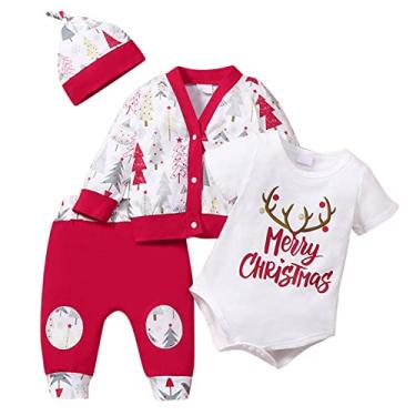 Imagem de Macacão infantil para meninos e meninas com letras de Natal macacão calça chapéu quente outwear cosplay conjunto de festa bebê menina (vermelho, 9-12 meses)