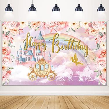 Imagem de Tatuo Faixa de feliz aniversário, decoração de aniversário de princesa, rosa, para mulheres, meninas, tema de princesa, decoração de festa, dourado, rosa, coroa de castelo, fotografia floral