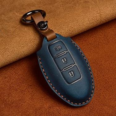 Imagem de YJADHU Capa de couro para chave de carro, apto para Infiniti EX35 FX35 FX50 M56 G35 G37 JX35 QX50 QX60 QX80 chaveiro Nissan capa de bolsa, 3 botões azul