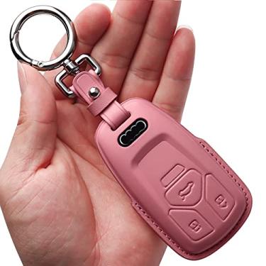 Imagem de Tukellen Capa para chave Audi de couro legítimo com chaveiro, capa protetora de chave de couro compatível com Audi A4 Q7 Q5 TT A3 A6 SQ5 R8 S5 Smart Key-Pink