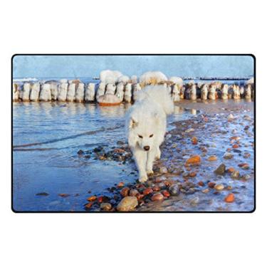 Imagem de Top Carpenter Tapete de área branco Samoied Dog Walks Near The Sea Capacho para entrada de piso de madeira, sala de estar, quarto, 78,7 x 50,8 cm