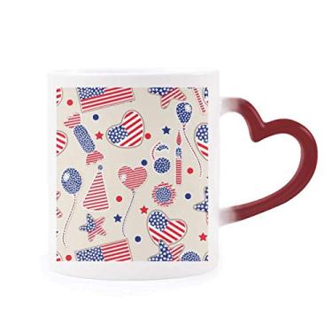 Imagem de Caneca com balão dos EUA, bandeira de coração, estrela, festival, sensível ao calor, caneca de grés que muda de cor vermelha