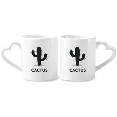 Imagem de Conjunto de canecas de porcelana para casal com desenho de suculentas de planta verde de cacto com alça de coração
