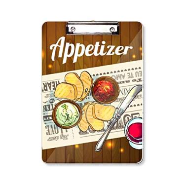 Imagem de Aperitivo fatia de pão vinho, prancheta, pasta, bloco de notas A4