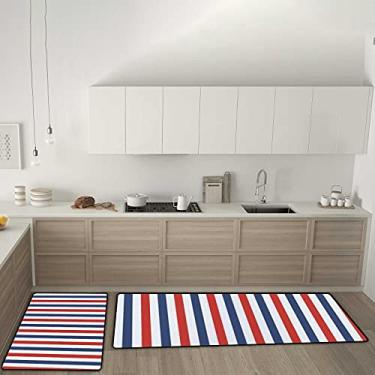 Imagem de Tapetes de cozinha listrados, azul, vermelho, branco, antiderrapante, conjunto de 2 tapetes de cozinha, anti-fadiga, tapete confortável para sala de jantar, lavanderia, escritório
