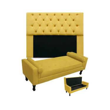 Imagem de Kit Cabeceira Estofada Mirage E Recamier Baú Fenix King 195 cm Suede Amarelo - LM DECOR