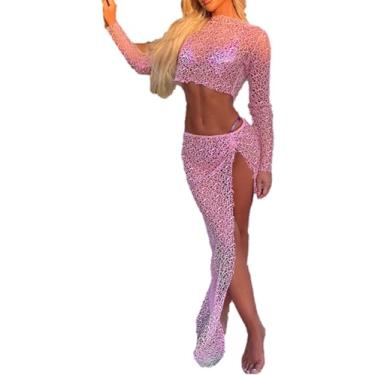 Imagem de Saída de praia feminina de crochê transparente de malha transparente top transparente saída de praia alta dividida conjunto de duas peças, 1 rosa, M