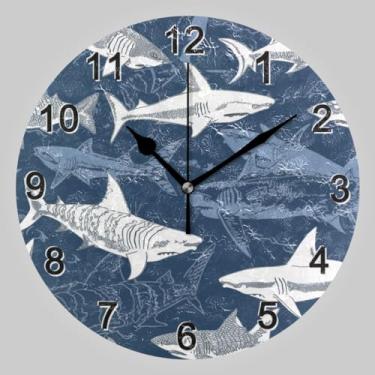 Imagem de CHIFIGNO Tubarão branco em relógio redondo azul marinho, relógio de parede silencioso sem tique-taque relógio redondo de 25 cm relógios de parede para casa escolar