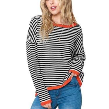 Imagem de Camiseta feminina listrada manga longa gola redonda color block listrado ajuste solto top grande, Preto, G