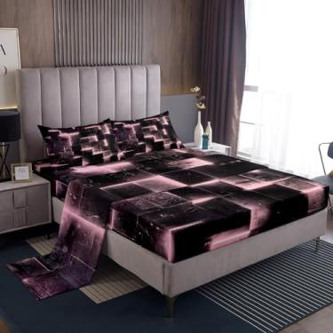 Imagem de Jogo de cama de búfalo brilhante 3D rosa preto conjunto de lençol de cama de arte abstrata moderna Queen geométrico xadrez, lençol de cima com cubos futuristas gradiente