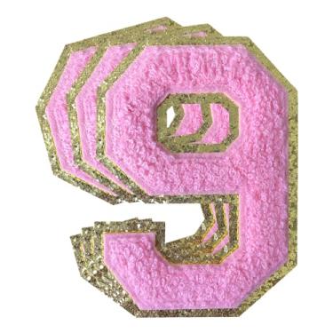 Imagem de 3 peças de remendos de número de chenille rosa glitter ferro em remendos de letras Varsity Remendos bordados de chenille costurar em remendos para roupas chapéu bolsas jaquetas camisa (rosa, 9)