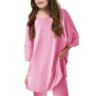 Imagem de Haloumoning Conjunto de 2 peças de camiseta e shorts de manga curta com gola redonda para meninas de 5 a 14 anos, rosa, 9-10 Anos