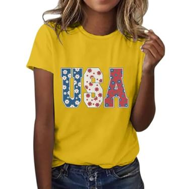 Imagem de Camisetas femininas de 4 de julho com letras impressas nos EUA, manga curta, gola redonda, roupas de verão para sair, Amarelo, P