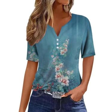 Imagem de Camisetas femininas com estampa floral Henley moderna túnica casual manga curta camiseta de férias de verão, Branco, G