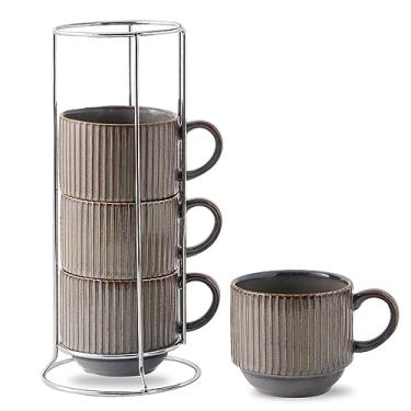 Imagem de Hasense Conjunto de 4 canecas de café empilháveis Porcealin com suporte - Conjunto de 4 xícaras grandes de cerâmica com nervuras para cappuccino, chá, cacau quente, bebidas - Seguro para lava-louças e