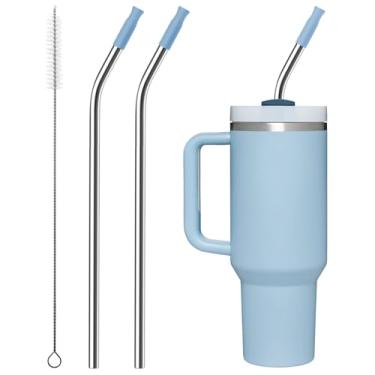 Imagem de Bluwing 2 Palhinhas de aço inoxidável com pontas de silicone para copo Stanley de 850 g, canudos de metal repetíveis de 850 g para copo Stanley Adventure Quencher de viagem, sem BPA (azul claro)