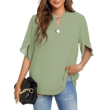 Imagem de Funlingo Tops femininos de verão camisas casuais de manga curta gola V chiffon blusa elegante tops, 01 verde claro, 3G