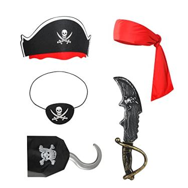 Imagem de xutengy 5 peças acessórios de pirata fantasia de Halloween, artigos de lembrancinha de festa de Halloween incluem tiara, chapéu de pirata, aplique de olho de pirata preto para crianças e meninas,