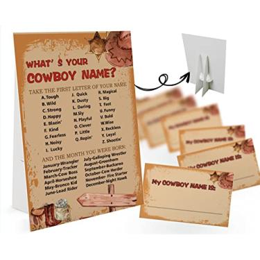 Imagem de What's Your Cowboy Name Game (1 placa com tema de caubói e 30 adesivos com etiqueta de nome), decoração de festa de jogo de caubói, jogo de aniversário para crianças, jogo de família-15