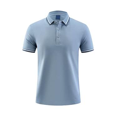 Imagem de Polos de desempenho masculino algodão cor sólida listrado gola tênis camiseta estiramento umidade wicking seco leve fino-ajuste verão(Color:Blue,Size:S)