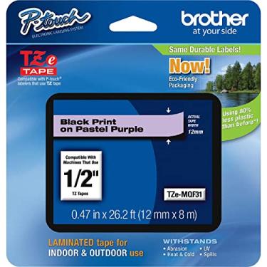 Imagem de Brother Fita genuína P-touch TZE-MQF31, fita laminada padrão de 1,2 cm de largura, preta sobre roxo pastel, laminada para uso interno ou externo, resistente à água, 12 mm x 8 m, TZEMQF31