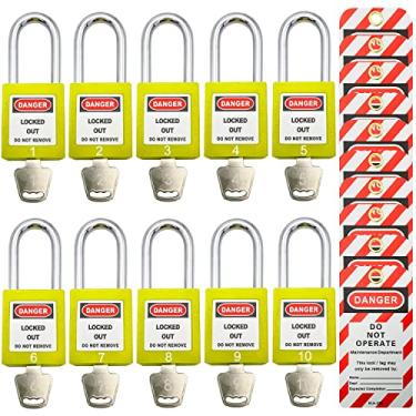Imagem de Fechaduras de identificação de bloqueio, cadeados de segurança, fechaduras de loto com chave diferente para dispositivo de bloqueio de plástico com etiquetas de identificação de bloqueio