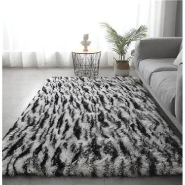 Imagem de Tapete felpudo fofo para quarto, tapete para sala de estar, pelúcia felpuda, tapete peludo para decoração de casa moderna e macia, branco e preto, 100 cm x 160 cm