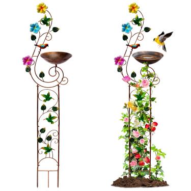 Imagem de YYWMWM Banheira de metal para pássaros com treliça de 144,8 cm de altura para ambientes externos, banhos de pássaros decorativos vintage, suporte de plantas de jardim, banho de pássaros antigo para trepadeiras com tigela de ferro removível (beija-flor)