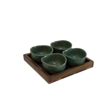 Imagem de Petisqueira Em Madeira E Ceramica Verde Com 4 Bowls