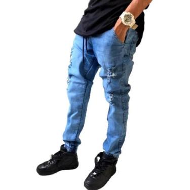 Imagem de calça jeans jogger masculina jeans rasgado, sarja com elastico e bolso