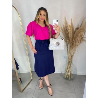 Imagem de Saia MIDI Evasê Com Fenda Frontal - Vilma Valentti, Azul marinho